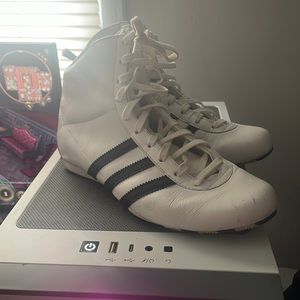 Adidas sneakers US 7.5 white and black stripe. Some stains inside well worn